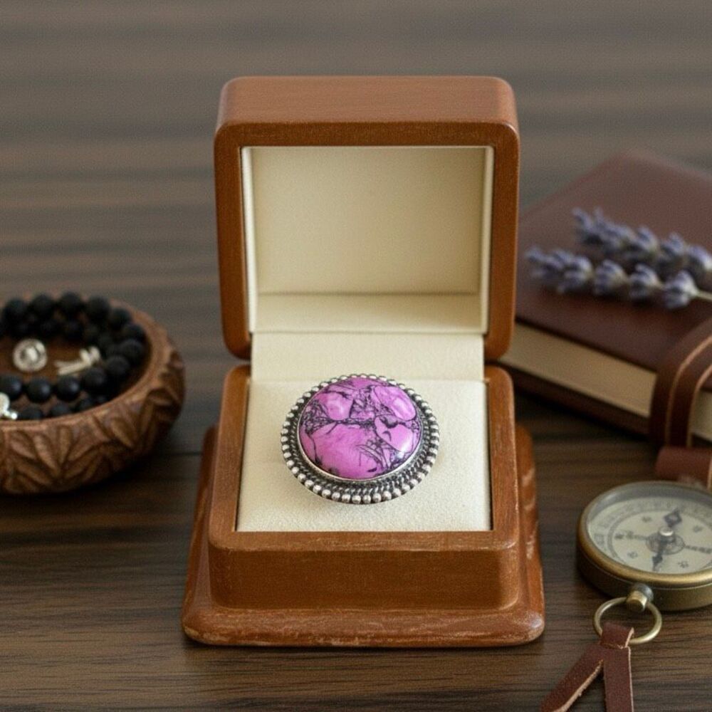 Pink Cherry Blossom Turquoise Statement Silver Ring - Large Cabochon Boho Size 6 - Picture 6 of 7
